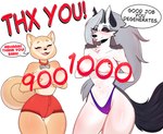 anthro big_breasts blush breasts collar curled_tail dialogue duo ear_piercing ear_ring eyes_closed female holding_breast piercing ring_piercing speech_bubble tail tongue tongue_out shibashibs helluva_boss mythology loona_(helluva_boss) shiba_(shibashibs) canid canid_demon canine canis demon domestic_dog hellhound mammal mythological_canine mythological_creature shiba_inu spitz hi_res