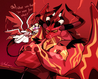 3_wings 4_eyes angry anthro biceps big_muscles big_pecs big_wings black_eyebrows black_horn black_tail blonde_hair bodily_fluids boots bottomwear bow_tie chair classy claws clothed clothed_anthro clothed_human clothed_humanoid clothed_male clothing coat crossed_arms dialogue duo exclamation_point eyebrows flapping_wings flying footwear furniture glistening glistening_eyelids glistening_eyes hair half-closed_eyes hands_behind_back heart_symbol horn long_tail male manly markings motion_lines multi_eye multi_wing multicolored_body multicolored_hair multicolored_horn multicolored_skin multicolored_tail multicolored_wings muscular muscular_anthro muscular_male narrowed_eyes pants pecs purple_eyelids question question_mark raised_eyebrows red_body red_horn red_nose red_sclera red_skin red_tail red_wings shadow sharp_teeth shirt shoes short_hair shoulder_guards sitting size_difference smoke smoke_from_nose smug spade_tail speech_marker squint steam sweat tail teeth text throne topwear torn_clothing torn_vest triceps two_tone_body two_tone_skin vest white_body white_hair white_horn white_skin white_wings wings yellow_body yellow_eyes yellow_skin yellow_wings marcomie hazbin_hotel hellaverse helluva_boss mythology lucifer_(hazbin_hotel) satan_(helluva_boss) demon demon_dragon demon_humanoid dragon human humanoid mammal mythological_creature mythological_scalie scalie 2024 detailed english_text hi_res