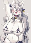 ahoge animal_print anthro bell bell_collar big_breasts bikini biped blush breasts cheek_tuft clothing collar cow_print ear_piercing ear_tag facial_tuft fake_cow_ears fake_cow_horns fake_ears fake_horns female front_view fur gesture grey_body grey_fur grey_hair hair heart_symbol kemono long_hair looking_at_viewer micro_bikini navel neck_tuft one_eye_closed open_mouth open_smile piercing purple_eyes simple_background smile solo swimwear teeth tuft two-piece_swimsuit waving wink sgsix canid canine canis mammal wolf hi_res portrait three-quarter_portrait