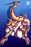 2:3 all_fours anthro armor armor_only armor_pads ass_up bandai_namco big_breasts big_butt blueprint blueprint_background breasts butt chest_tuft claw_(weapon) clawed_vambrace cross_pupils digimon digimon_(species) digimon_tri english_text featureless_breasts female fur gauntlets_(weapon) hi_res looking_at_viewer markings meicrackmon meicrackmon_vicious_mode melee_weapon nude nxlotus orange_body orange_fur purple_markings raised_tail red_eyes smile smiling_at_viewer solo tail text tuft vambrace watermark weapon wide_hips