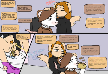 anthro black_nose blue_eyes bodily_fluids brown_hair brush brushing brushing_hair clothed clothing container cup dialogue drinking drinking_urine duo eyebrows eyes_closed female fur genital_fluids grey_eyes hair kissing male oblivious onomatopoeia panties peeing peeing_into_cup personal_grooming pink_nose shirt simple_background sound_effects speech_bubble styling_hair tail text tired toilet topwear underwear urine urine_in_mouth water watersports flushmutt christina_(flushmutt) shane_(flushmutt) canid canine mammal mouse murid murine rodent comic english_text hi_res