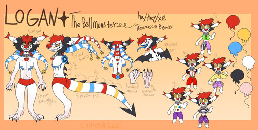 anthro bat_wings bell black_body black_fur blue_scar blue_teeth blue_tongue bottomwear clothing clown clown_nose collar collar_tag color_swatch crop_top dipstick_ears ear_markings exaggerated_mastectomy_scar feet fur hair hairless_body handpaw heart_(marking) heart_collar_tag hindpaw long_tail male markings mastectomy_scar membrane_(anatomy) membranous_wings mullet multicolored_ears multicolored_tail pawpads paws pronouns red_clothing red_ear_tips red_hair red_nose red_underwear scar sharp_teeth shirt shorts simple_background smile snaggle_tooth solo spade_tail spiked_collar spiked_tail spikes spikes_(anatomy) spiral spiral_eyes tail tail_markings teeth tendrils text tongue topwear underwear wings pinatareaper logan_(pinatareaper) canid canine hybrid hyena mammal monster absurd_res colorful_theme digital_media_(artwork) hi_res model_sheet trans_(lore) trans_man_(lore)
