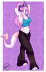 anthro biped bottomwear clothed clothing female hair hands_behind_head horn navel open_mouth pants pink_hair shirt simple_background smile solo standing topwear magic_(artist) felid hybrid mammal hi_res