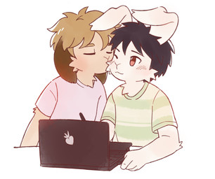 anthro black_hair blonde_hair blush brown_eyes cheek_tuft clothing duo eyes_closed facial_tuft green_clothing green_shirt green_topwear hair kiss_on_cheek kissing looking_at_another male male/male one_eye_closed pink_clothing pink_shirt pink_topwear shirt short_hair simple_background topwear tuft white_background arnd_dawn lagomorph leporid mammal rabbit absurd_res flat_colors hi_res