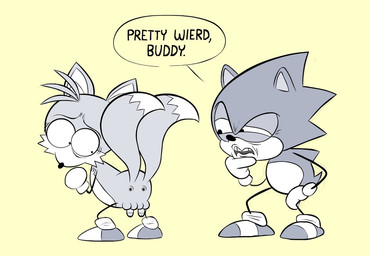 2_anuses 2_penises 4_balls anthro anus backsack balls big_eyes big_head dialogue dipstick_tail duo genitals male markings multi_anus multi_balls multi_genitalia multi_penis multi_tail multicolored_tail penis tail tail_markings text toony hotdiggedydemon classic_sonic_(universe) sega sonic_the_hedgehog_(series) classic_sonic classic_tails miles_prower sonic_the_hedgehog canid canine eulipotyphlan european_hedgehog fox hedgehog mammal red_fox true_fox english_text