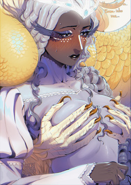 anthro blush bodily_fluids breast_grab breasts brown_body brown_skin claws clothed clothing dark_body duo eyelashes feathered_wings feathers female female/female freckles hair hand_on_breast lips long_eyelashes long_hair simple_background sweat text wings yellow_body yellow_feathers blackberreh hazbin_hotel hellaverse sera_(hazbin_hotel) speaker_of_god_(hazbin_hotel) angel angel_humanoid avian bird humanoid mammal seraph_(angel) absurd_res digital_media_(artwork) english_text hi_res