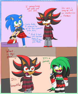 accessory amazed annoyed anthro beak belt black_body black_feathers black_fur blue_body blue_eyes blue_fur bone bottomwear chain clothed clothing cropped_hoodie crossdressing denim denim_bottomwear denim_clothing dialogue ear_piercing ear_ring eyebrow_piercing facial_piercing fangs feathers femboy fingerless_gloves fishnet_clothing fishnet_legwear fluffy fluffy_chest footwear fur gloves green_body green_eyes green_feathers group hair_accessory hairclip handwear highlights_(coloring) jeans leggings legwear male off_shoulder pants pattern_clothing pattern_leggings pattern_legwear piercing red_body red_eyes red_fur ring_piercing shirt shoes skirt skull smug sparkles striped_clothing striped_leggings striped_legwear stripes studded_belt studs sweater tan_body tan_fur teeth text tongue tongue_piercing topwear torn_bottomwear torn_clothing torn_jeans torn_pants trio white_body white_feathers yellow_beak cookie-pone sega sonic_riders sonic_the_hedgehog_(series) jet_the_hawk shadow_the_hedgehog sonic_the_hedgehog accipitrid accipitriform avian bird eulipotyphlan hedgehog mammal english_text hi_res