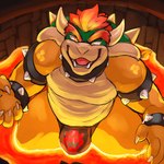 anthro bowser_logo bracelet bulge claws clothed clothing collar countershading eyebrows fangs hair high-angle_view horn jewelry jockstrap lava lava_bath lava_pool looking_at_viewer male male_anthro musclegut muscular open_mouth orange_hair partially_submerged red_hair shell slightly_chubby smile solo spiked_bracelet spiked_collar spiked_shell spikes spikes_(anatomy) teeth topless underwear seibear mario_bros nintendo bowser koopa reptile scalie 1:1 digital_media_(artwork) hi_res shaded