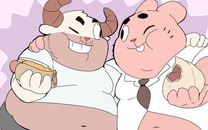 2_horns 4_fingers abstract_background anthro belly big_belly big_eyes black_eyebrows black_eyes black_whiskers brown_horn brown_necktie buckteeth cheek_bulge closed_smile clothed clothed_anthro clothed_male clothing curved_horn deep_navel duo ears_aside eating eyebrows fingers food fully_clothed fully_clothed_anthro fully_clothed_male fur grin hand_on_another's_shoulder hand_on_shoulder holding_food holding_hot_dog holding_object horn hot_dog huge_belly humanoid_hands iris light_body light_fur looking_at_another male mature_anthro mature_male moobs morbidly_obese morbidly_obese_anthro morbidly_obese_male mouth_closed multicolored_body multicolored_fur navel necktie no_pupils obese obese_anthro obese_male one_eye_closed overweight overweight_anthro overweight_male pink_body pink_ears pink_fur pink_nose shirt smile smiling_at_another striped_horn stripes t-shirt tan_body tan_fur teeth thick_eyebrows three-quarter_view topwear two_tone_body two_tone_fur whiskers white_body white_clothing white_ears white_fur white_sclera white_shirt white_t-shirt white_topwear wink winking_at_another shamelesss cartoon_network miracle_star the_amazing_world_of_gumball miao_cheng_gong richard_watterson bovid caprine goat lagomorph leporid mammal rabbit 16:10 2015 digital_drawing_(artwork) digital_media_(artwork) flat_colors widescreen