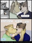 3:4 anthro blue_eyes blush brown_body brown_eyes brown_fur canid canine canis clothing comic dialogue domestic_dog duo english_text fur greyscale heart_symbol jackaloo kissing male male/male mammal monochrome romantic romantic_couple text wolf yellow_body yellow_fur