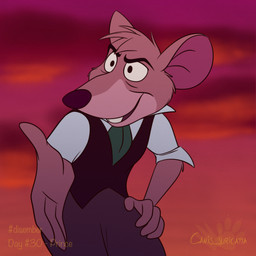 4_fingers anthro ascot bent_over bottomwear buckteeth clothed clothing fingers fur hair leaning leaning_forward male open_mouth pants reaching_out reaching_towards_viewer shirt smile solo teeth text topwear vest atimon disney disney's_aladdin the_great_mouse_detective basil_(disney) mammal mouse murid murine rodent 2023 signature