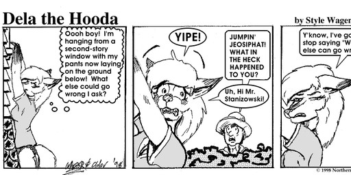 anthro breasts clothed clothed_female clothed_male clothing dialogue dipstick_ears duo ear_markings ears_back female fur hair hat headgear headwear looking_back male multicolored_ears outside panties pivoted_ears tail text underwear style_wager dela_the_hooda dela_aldershaw earl_stanowski canid canine fox hooda human mammal 1998 comic english_text greyscale monochrome