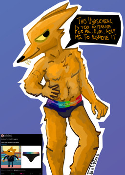 anthro clothing male solo speech_bubble teasing text underwear ianthelmao night_in_the_woods gregg_lee canid canine fox mammal absurd_res english_text hi_res