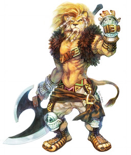 anthro armor axe beard belt biceps black_fingernails black_nails braided_beard braided_fur braided_hair clothed clothing colored_nails facial_hair fingernails fur hair male mane melee_weapon muscular muscular_anthro muscular_male nails orange_body orange_fur orange_hair orange_mane partially_clothed pecs simple_background solo weapon white_background hakoming felid lion mammal pantherine