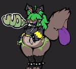 anthro burping churn clothing female legwear partydah sloshing_belly solo stirrup_stockings stockings tail tail_mouth tanukislop torn_clothing torn_legwear torn_stockings unusual_anatomy unusual_tail vore amber_(partydah) canid canine mammal raccoon_dog tanuki hi_res