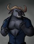 anthro bedroom_eyes brown_eyes clothed clothing fur grey_background grey_body grey_fur half-closed_eyes horn looking_at_viewer male muscular muscular_anthro muscular_male narrowed_eyes nipples open_clothing open_shirt open_topwear pecs police police_uniform seductive shirt simple_background solo topwear undressing uniform bgn disney zootopia chief_bogo bovid bovine cape_buffalo mammal