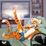 4_toes anthro athletic athletic_anthro athletic_male barefoot bed bedroom black_stripes blue_clothing blue_underwear bulge clothed clothing countershading day eyes_closed feet fur furniture inside lying male muscular muscular_young on_back on_bed open_mouth orange_body orange_fur pawpads pink_pawpads plantigrade solo stripes sun toes topless underwear white_body white_fur window yawn young young_anthro eldiman dyson_(eldiman) felid mammal pantherine tiger 1:1 digital_media_(artwork) hi_res