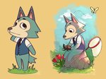 anthro daww dotted_line flower fur grass grey_body grey_fur group male motion_path multiple_poses outside path_lines plant pose rock sitting solo trio adonyne animal_crossing beastars nintendo legoshi_(beastars) arthropod beetle butterfly canid canine canis insect lepidopteran mammal rhinoceros_beetle scarabaeid wolf 2020 multiple_images