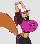 anthro baseball_cap belly big_breasts bottomwear breast_implants breasts clothed clothing cropped_hoodie female hair hat headgear headwear hoodie huge_breasts midriff multicolored_hair navel pants ponytail small_waist solo top_heavy topwear two_tone_hair teer marika_(teer) mammal rodent sciurid tree_squirrel hi_res