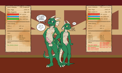 anthro duo embarrassed femboy gameplay_mechanics genitals male male/male nude penis penis_size_difference size_difference small_penis stats_screen taunting time_loop denton mythology zooks_(character) dragon mythological_creature mythological_scalie scalie absurd_res hi_res