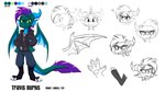 anthro autism_symbol badge bottomwear claws clothed clothing flippers hair hoodie horn male pants solo tail text topwear wings travis_the_dragon mythology travis_burns dragon mythological_creature mythological_scalie scalie 16:9 concept_art english_text hi_res model_sheet widescreen