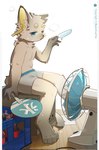 anthro bottle clothed clothing container fan_(object) food male popsicle shorts_only simple_background sitting solo topless white_background maplecuptea felid feline mammal hi_res