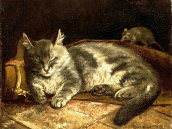 ambiguous_gender boots clothing duo eyes_closed feral footwear fur grey_body grey_fur lying on_ground on_side paws pointy_ears shoes sleeping snout spurs striped_body stripes tail adolf_von_becker domestic_cat felid feline felis mammal murid murine rat rodent 1864 19th_century ancient_art english_description oil_painting_(artwork) painting_(artwork) traditional_media_(artwork) traditional_painting_(artwork)
