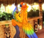 anthro avian_feet bar beak bendy_straw beverage bird_legs breasts drinking_straw feathers featureless_breasts female furniture half-closed_eyes margarita narrowed_eyes non-mammal_breasts nude orange_body orange_feathers outside side_boob sitting solo stool tail tail_feathers tropical winged_arms wings omumacaw avian bird jandaya neotropical_parrot parakeet parrot sun_parakeet true_parrot