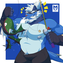 anthro anthrofied armpit_hair barazoku beard blue_body body_hair bottomwear chest_hair chest_tuft clothed clothing crotch_tuft facial_hair fishing fishing_rod hair holding_fishing_rod holding_object jewelry kerchief logo male muscular muscular_anthro muscular_male nipples pecs pendant pubes seashell shell smile solo tail teeth topless topless_anthro topless_male tuft white_beard white_facial_hair white_hair wraps wrist_wraps citsy_404 nintendo pokemon ronin_(juggermelon) generation_5_pokemon pokemon_(species) samurott 1:1 artist_logo digital_media_(artwork) hi_res portrait three-quarter_portrait