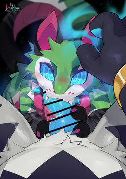 animal_genitalia animal_penis anthro anthro_on_anthro anthro_penetrated anthro_penetrating anthro_penetrating_anthro anthro_pov blue_eyes blue_knot blue_penis blush bodily_fluids bracelet canine_genitalia canine_penis censor_bar censored_genitalia censored_penis collar colored_nails duo fellatio first_person_view forked_tongue fur genitals gold_(metal) gold_bracelet gold_jewelry green_body green_fur holding_another's_knot holding_another's_penis holding_knot holding_penis hypnosis hypnotic_eyes interspecies jewelry knot knot_grab looking_at_viewer magic male male/male male_penetrated male_penetrating male_penetrating_male male_pov markings mind_control nails oral oral_penetration pattern_background penetrating_pov penetration penile penile_penetration penis penis_grab pink_body pink_nails pink_scales pov_blowjob ringed_eyes saliva saliva_on_penis saliva_on_tongue scales sex simple_background snaggle_tooth solo_focus spiked_collar spikes striped_markings stripes tail teeth tongue tongue_around_penis white_body white_fur merunmohu suikk canid canine domestic_cat felid feline felis fox hybrid mammal reptile scalie snake 2025 absurd_res censored digital_drawing_(artwork) digital_media_(artwork) hi_res signature