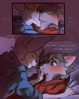 ambiguous_gender anthro bite black_nose blue_eyes blush clothing dialogue duo eye_contact hoodie inner_ear_fluff interspecies light looking_at_another male male/male neck_bite romantic romantic_couple speech_bubble text topwear tuft whiskers yellow_eyes hyilpi canid canine lagomorph mammal 2023 artist_name digital_media_(artwork) english_text hi_res lighting