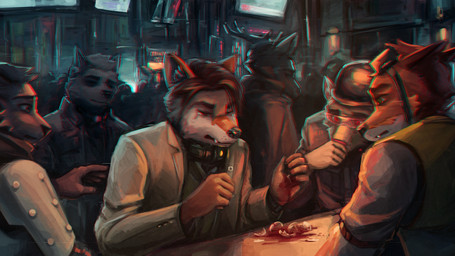 16:9 armor august_zander bar blood bodily_fluids broken_glass canid canine canis capreoline cervid chromatic_aberration clothing collar coyote crowd digital_media_(artwork) digital_painting_(artwork) domestic_dog dwcmarshalarts eyewear felid female glasses goggles group hartwig_(star_treatment) headgear helmet hi_res k.l.a.r.e. korean_jindo louis_percival lounge lucas_(star_treatment) male mammal mark_colquitt murid murine pantherine rat rodent spitz suit tears television topwear vest white-tailed_deer widescreen wolf wounded