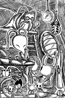 2_horns 6_eyes ambiguous_gender antennae_(anatomy) anthro arthropod_abdomen biped black_eyes cloak clothed clothing empty_eyes eyewear glasses group holding_map horn map melee_weapon multi_eye nail_(weapon) standing weapon weapon_on_back window pippyartz hollow_knight_(franchise) team_cherry cornifer_(hollow_knight) grimmchild_(hollow_knight) iselda_(hollow_knight) the_knight_(hollow_knight) arachnid arthropod vessel_(species) weaver_(hollow_knight) 2023 hi_res monochrome female_(lore) male_(lore)