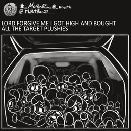 anthro bodily_fluids caption car car_trunk eyelashes female female_anthro fur hiding inside_car inside_vehicle looking_at_viewer outside plant plushie solo sweat sweaty_face text tree vehicle white_text young young_anthro young_female soulcentinel roommates:motha twitter molly_(roommates) vanny_(soulcentinel) lagomorph leporid mammal rabbit 2025 black_and_white english_text meme monochrome