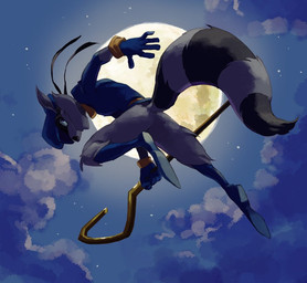 5_fingers anthro black_nose boots bottomless clothed clothing cloud crook fingers flat_cap footwear full_moon fur gloves grey_body grey_fur handwear hat headgear headwear holding_object holding_weapon humanoid_hands looking_aside looking_at_viewer male mask midair moon night outside shoes sky smile solo staff stripes weapon nemurism sly_cooper_(series) sony_corporation sony_interactive_entertainment sucker_punch_productions sly_cooper mammal procyonid raccoon 2017 digital_media_(artwork) unavailable_at_source