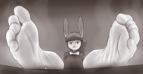 5_toes anthro bangs bodily_fluids bow_tie curling_toes duo extreme_size_difference feet female foot_focus humanoid_feet micro musk musky_feet plantigrade size_difference soles sweat sweaty_feet toes wrinkled_feet wrinkles zalbox34 nadia_(zalbox34) lagomorph leporid mammal rabbit 2025 hi_res