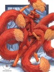 anthro blue_eyes casual_nudity convenient_censorship dancing female fluffy fluffy_tail hair long_tail multi_tail navel nude red_hair solo tail tail_censorship kacey molly_fullin canid canine dreamspinner fox mammal 2007 censored