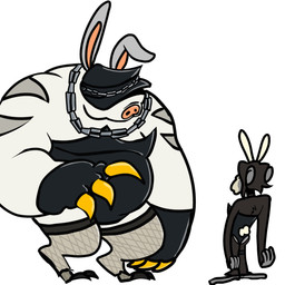 anthro belly black_body black_fur bulge clothing duo fake_ears fake_rabbit_ears fur hat hat_over_eyes headgear headwear male male/male overweight playboy_bunny playboy_outfit size_difference white_body white_fur chesnaughtfan deadlock_(game) valve krill_(deadlock) mo_(deadlock) eulipotyphlan haplorhine mammal mole_(animal) monkey primate 1:1 hi_res