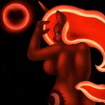 alternate_color anthro anthrofied big_breasts blood_moon blue_eyes breasts butt cutie_mark eclipse feathered_wings feathers female frown full_moon fur hair horn looking_at_viewer looking_back lunar_eclipse moon red_body red_feathers red_fur red_hair serious_face side_boob solo star wings lamiaaaa friendship_is_magic hasbro my_little_pony mythology princess_luna_(mlp) equid equine mammal mythological_creature mythological_equine winged_unicorn 1:1 2014 digital_media_(artwork)