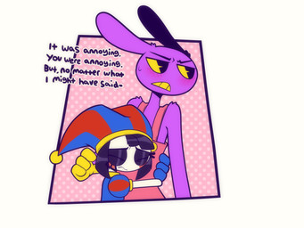 anthro blush blush_lines duo female hug jester larger_male male size_difference text whygena glitch_productions the_amazing_digital_circus jax_(tadc) pomni_(tadc) human lagomorph leporid mammal rabbit 4:3 english_text hi_res
