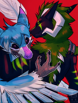 anthro bite black_body black_fur blue_body blue_hair bodily_fluids cronne drooling duo female french fur green_body green_eyes green_fur hair horn hug love male male/female melvie purple_eyes red_background romantic romantic_couple saliva simple_background text krapette mythology dinosaur dragon furred_dragon furred_scalie mythological_creature mythological_scalie prehistoric_species reptile scalie 3:4 french_text hi_res