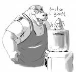 anthro apron clothed clothing cooking hat headgear headwear humanoid_hands male overweight overweight_anthro overweight_male shirt solo topwear spazz_bear common_hippopotamus hippopotamid mammal 2018 hi_res monochrome