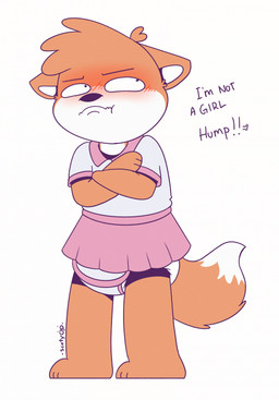 angry anthro blush bottomwear clothed clothing crossdressing diaper male male/male onesie skirt conditional_dnp scoty_doodlerz scott_james(scoty_doodlerz) canid canine fox mammal hi_res
