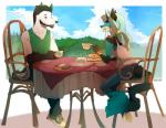 anthro beverage clothed clothing cloud duo fangs female food male open_mouth outside sitting smile tea teeth tongue hihikori canid canine mammal