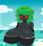 big_breasts black_body blue_background breasts cloud female green_hair hair huge_breasts nude plant plant_hair pseudo_hair red_eyes sea simple_background sky solo spikes water wet azllimaz electronic_arts plants_vs._zombies popcap_games elemental_creature elemental_humanoid flora_fauna humanoid plant_humanoid protist_(organism) tangle_kelp_(pvz) absurd_res hi_res