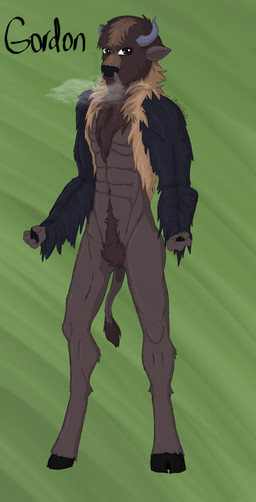 2_horns 4_fingers abs anthro arms_bent biped black_body black_eyes black_fur black_hooves black_nose breath broken_horn brown_body brown_fur brown_tail brown_tail_tuft chest_tuft cloven_hooves crotch_tuft curved_horn featureless_crotch fingers fist fur furrowed_eyebrows green_background grey_horn hooved_fingers hooves horn light male male_anthro mouth_closed multicolored_body multicolored_fur navel no_eyebrows nude nude_anthro nude_male simple_background solo standing tail tail_tuft tan_body tan_fur text tuft unguligrade etherealpanda gordon_(etherealpanda) bison bovid bovine mammal artist_name character_name colored digital_drawing_(artwork) digital_media_(artwork) english_description full-length_portrait hi_res lighting portrait shaded