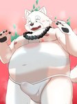 anthro belly big_belly blush bodily_fluids bulge clothed clothing detailed_bulge duo erection erection_under_clothing fur genital_fluids genital_outline hug kemono male moobs navel nipples overweight overweight_male penis_outline precum solo_focus white_body white_fur inugamihito canid canine canis domestic_dog mammal 2024 hi_res