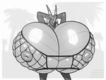 anthro big_breasts breasts clothing female fishnet_clothing fishnet_topwear hands_behind_head horn huge_breasts hyper hyper_breasts looking_at_viewer nipples smile solo topwear borisalien bandai_namco digimon digimon_(species) examon 4:3 hi_res monochrome