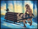 anthro black_border border duo feral harness horn lumber male snow brushfire mythology avian bird corvid corvus_(genus) equid equid_taur equine mammal mammal_taur mythological_creature mythological_equine oscine passerine raven taur unicorn unicorn_taur