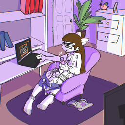 anthro balls bodily_fluids bottomwear bottomwear_down brown_hair chest_tuft clothed clothing computer cum cum_on_self cumshot dripping ejaculation electronics erection eyes_closed eyewear fangs femboy footwear fur genital_fluids genitals glasses hair humanoid_genitalia humanoid_penis laptop long_hair looking_at_porn looking_pleasured male masturbation orgasm partially_clothed penile penile_masturbation penis pornography seductive shorts shorts_down smile socks solo teeth tuft white_body white_fur xing1 furley_lavandria domestic_cat felid feline felis mammal 1:1 absurd_res hi_res